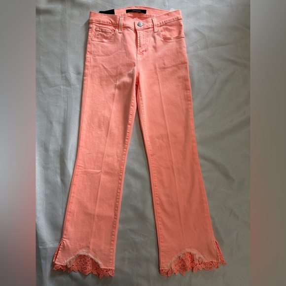 NWT J Brand Selena Raw Lace Hem Midrise Crop Boot Coronal Pink / Coral Size 26 - Picture 5 of 7